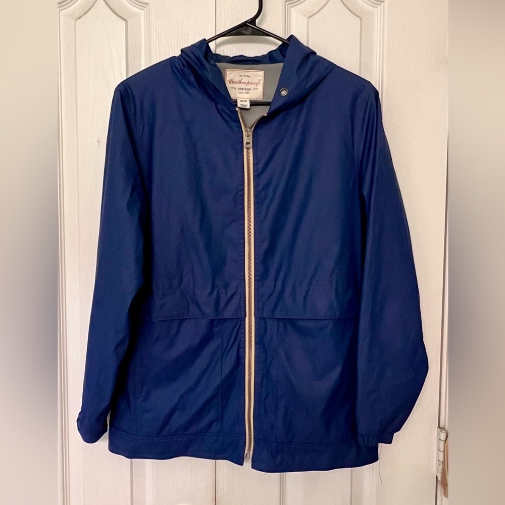 Original Weatherproof Vintage Navy Blue Hooded Rain Jacket Windbreaker - Size S